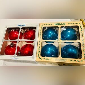 Vintage Holly 3 1/4 IN. Diameter Glass Christmas Ball Ornaments Blue & Red . USA